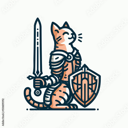 Fearless Feline Knight: An illustrated cat, clad in shining armor, brandishes a sword and shield. A whimsical depiction of courage and valor.