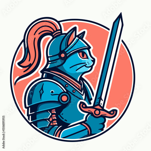 The Brave Knight: A cartoon illustration of a courageous cat, clad in shining armor and brandishing a mighty sword, embodies the spirit of bravery, adventure, and valor.