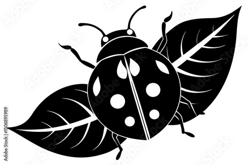 Ladybug on Leaf Black and White Graphic Design Illustration
