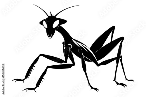 Praying Mantis Silhouette on White Background Black Insect Art
