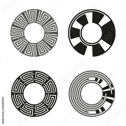 Circular ring shapes. Monochrome circle symbols. Vector black pattern. Decorative outline forms.