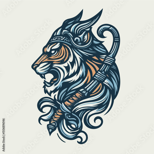 Mystical Warrior Tiger: A fierce tiger adorned in intricate tribal armor, symbolizing strength, courage, and ancient heritage. Its piercing gaze and powerful stance create a visually striking emblem.