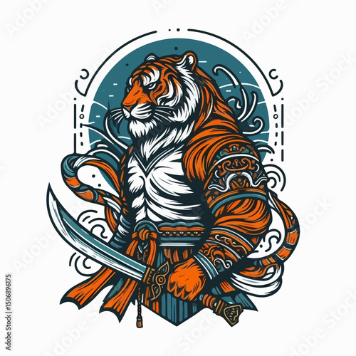 Tiger Samurai: A majestic tiger, imbued with the spirit of a samurai warrior, stands poised with two katanas, a powerful blend of nature and ancient combat. 