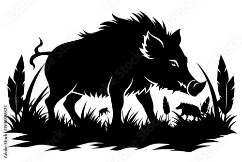 Wild Boar Silhouette in Nature with Piglets Woodland Scene Art