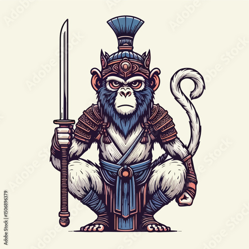 Warrior Monkey with a Sword: A stylized illustration depicts a fierce monkey warrior, poised with a gleaming sword, adorned in traditional warrior garb, emanating strength and readiness.