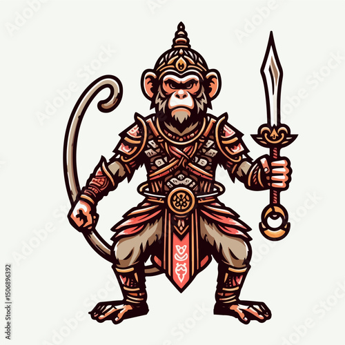 War Monkey Warrior: The illustrated war monkey stands tall and formidable, clad in ornate armor, brandishing a gleaming sword, embodying courage and strength. 