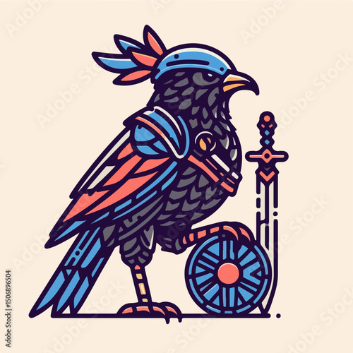 Brave Warrior Raven: A stylized illustration of a formidable raven adorned in warrior attire, symbolizing courage and strength, standing guard with sword and shield. 