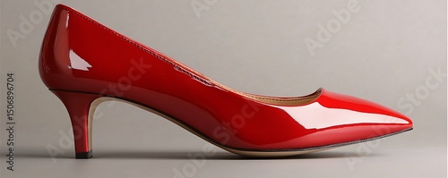 Elegant red women court shoes with a glossy surface and pointed toe, captured on a neutral gray background with gentle lighting,