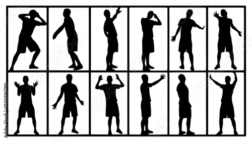 "Design a visual study of male posture using twelve silhouette figures in shorts and T-shirts, each expressing motion like dancing or gesturing, laid out in a structured, evenly spaced grid."