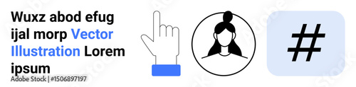 Cursor pointing to text link, circular avatar of woman, and blue metadata tag icon. Ideal for social media, user engagement, profile setup, digital interaction, content creation, UXUI design simple