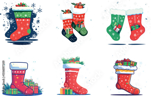 Christmas stockings with gifts isolated on white background