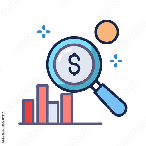 Financial analysis magnifying glass looking at data bar graph