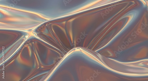 Holographic metallic folds, shiny iridescent surface with rainbow reflections, 3D abstract design