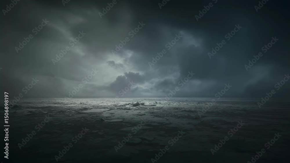 Stormy sea under dark, ominous sky. Dramatic ocean landscape with turbulent waves. Climate change impact on marine ecosystem. Environmental awareness concept. Stormy sea under dark, ominous sky. Dramatic ocean landscape with turbulent waves. Climate change impact on marine ecosystem. Environmental awareness concept.