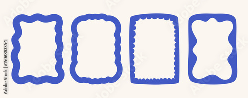 Set of squiggle frames. Text box, bubbles. Hand drawn wavy and curly borders. Doodles. Minimal style. Geometric ornament. Retro and vintage. Empty. Shapes and elements. Stamp and zigzag. Scallop.