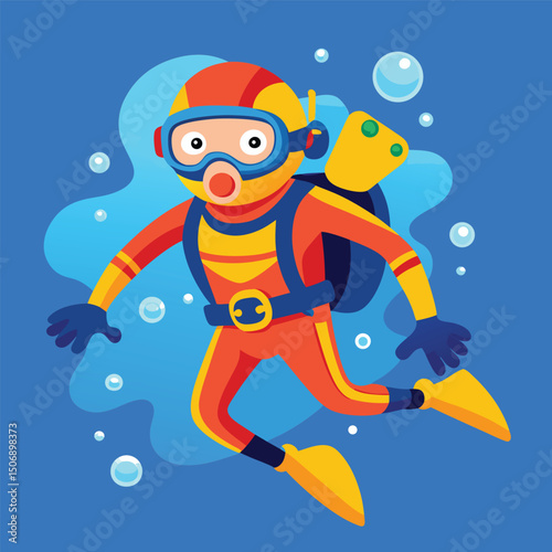 A cheerful cartoon diver underwater with scuba gear and bubbles in a vibrant blue scene