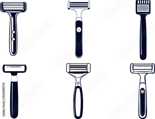 Collection of different razors isolated on white background