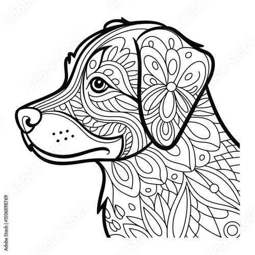 Mandala-style dog face Coloring Page, Silhouette, Vector, Illustration, Outline, Logo, White Background.