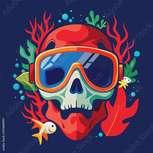 A colorful scuba diver skull illustration with seaweed and friendly fish in a vibrant design