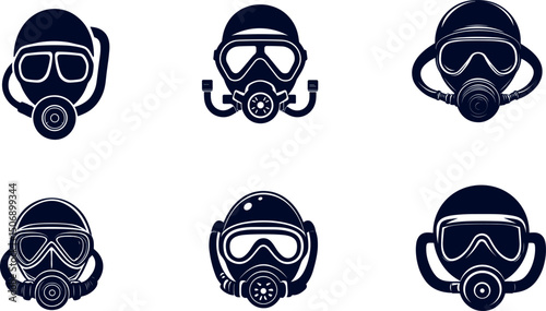 Collection of gas masks isolated on white background