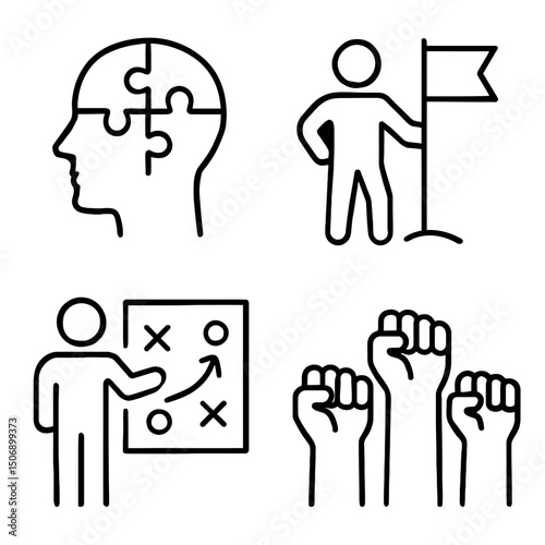 Motivation and Strategy Icons Featuring Mindset, Planning, and Team Power