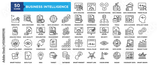 50 Business Intelligence icon set. Containing design business, technology, data, intelligence, analysis	