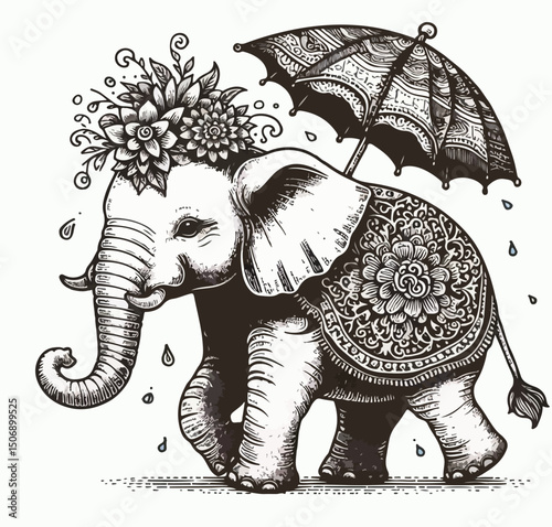 Vector Elephant Engraving Style