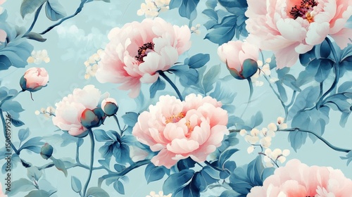 Fototapeta Naklejka Na Ścianę i Meble -  flowing peonies and twisting vines in a classical oriental arrangement, watercolor style