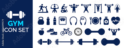 fitness gym icons collection, gym equipment bundle, fitness gym exercise equipment icon bundle set collection. gum icon, Monochrome flat design gym and fitness icons collection.