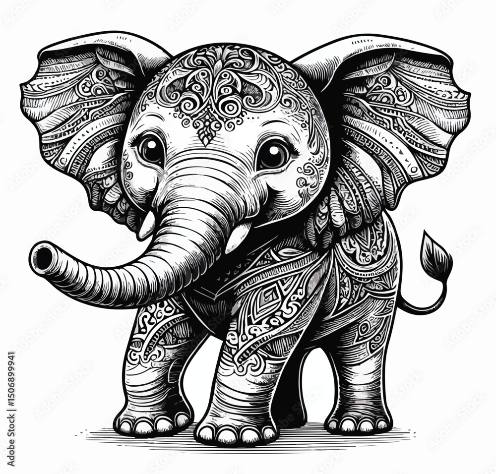 Obraz premium Vector Elephant Engraving Style