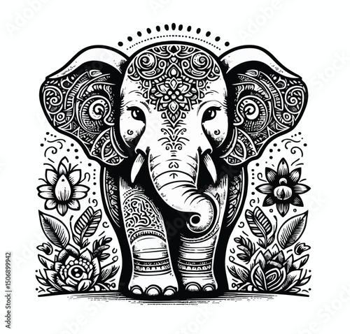 Vector Elephant Engraving Style