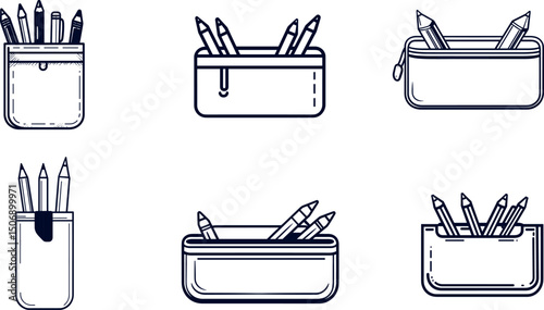 Pencil and pen holders and cases isolated on white background