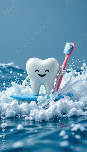 Cheerful tooth character surfing on wave with toothbrush, promoting dental hygiene and fun