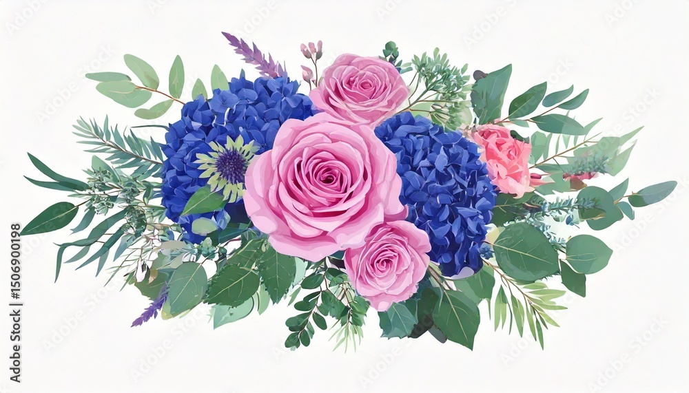 Fototapeta premium Classic blue rose, pink hydrangea, ranunculus, dahlia, thistle flowers, emerald greenery and.jpg