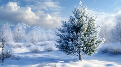 Frost-covered evergreen tree in a tranquil snow-covered winter landscape