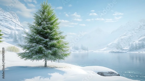 Frost-covered evergreen tree in a tranquil snow-covered winter landscape