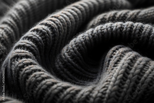 Close Up of Dark Gray Knitted Fabric with Intricate Textures and Soft Wavy Folds

 photo