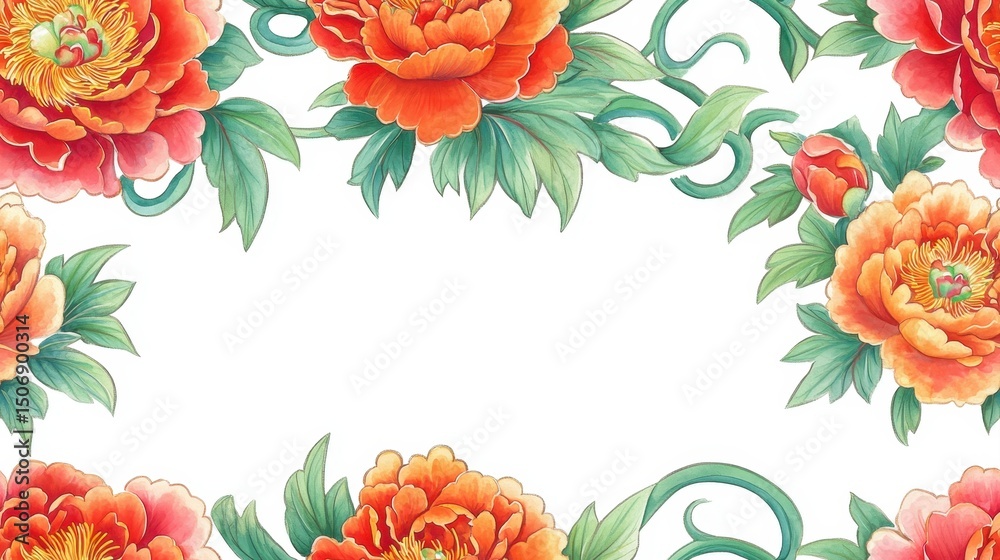 Fototapeta premium peony blooms arranged in a graceful eastern scrollwork motif, watercolor style