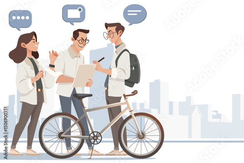 Digital Nomad Exploring New City with Bike, Backpack, and Laptop. Flat Vector Illustration