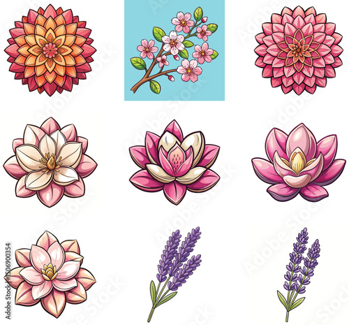 set of pink flowers,set of vector flowers
