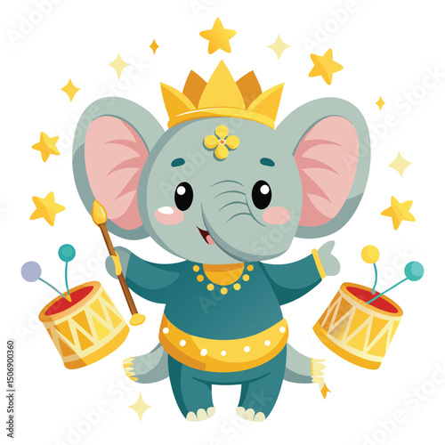 Adorable cartoon elephant character in royal attire with drums and sparkling stars illustration