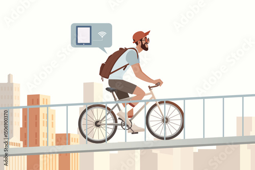 Digital Nomad Biking Through City Street with Backpack and Laptop. Flat Vector Illustration