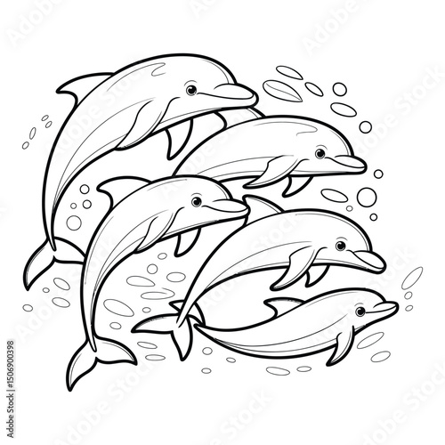 Group of dolphins underwater Coloring Page, Silhouette, Vector, Illustration, Outline, Logo, White Background.