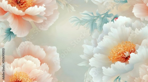 Fototapeta Naklejka Na Ścianę i Meble -  soft focus peonies in an intricate chinoiserie composition with a neutral background, watercolor style
