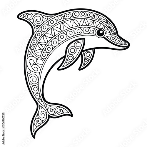 Mandala-style dolphin design Coloring Page, Silhouette, Vector, Illustration, Outline, Logo, White Background.