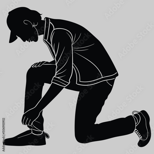 a person kneeling to tie shoelaces silhouette vector design art and illustration