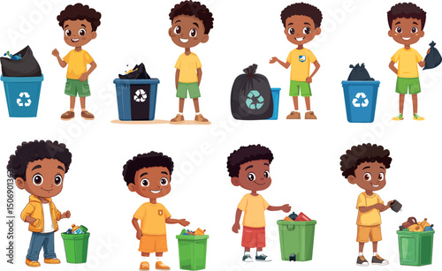 Cartoon boy throwing trash into recycling bin isolated on white background