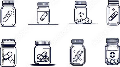 Medicine bottles with pills and capsules isolated on white background
