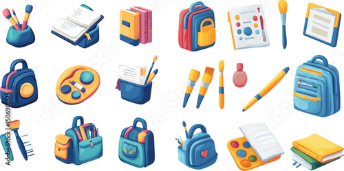 School supplies and art materials isolated on white background