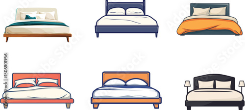 Collection of beds isolated on white background in different styles
